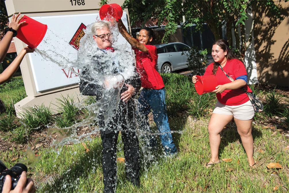 President Sandy Shugart accepted a student’s Ice Bucket Challenge in support of fighting ALS.