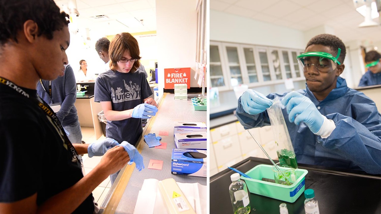 In a chemistry lab during Valencia’s weeklong Summer STEM Institute, graduating high-school seniors learn to create green slime.
