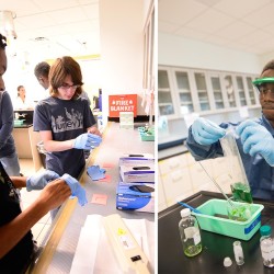 In a chemistry lab during Valencia’s weeklong Summer STEM Institute, graduating high-school seniors learn to create green slime.