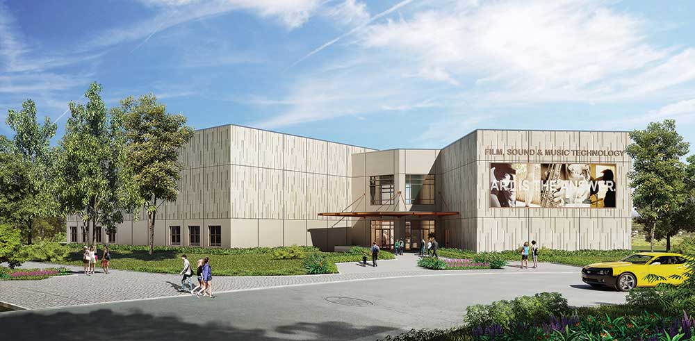 Rendering of the new sound and music production building Designed by architectural firm DLR Group